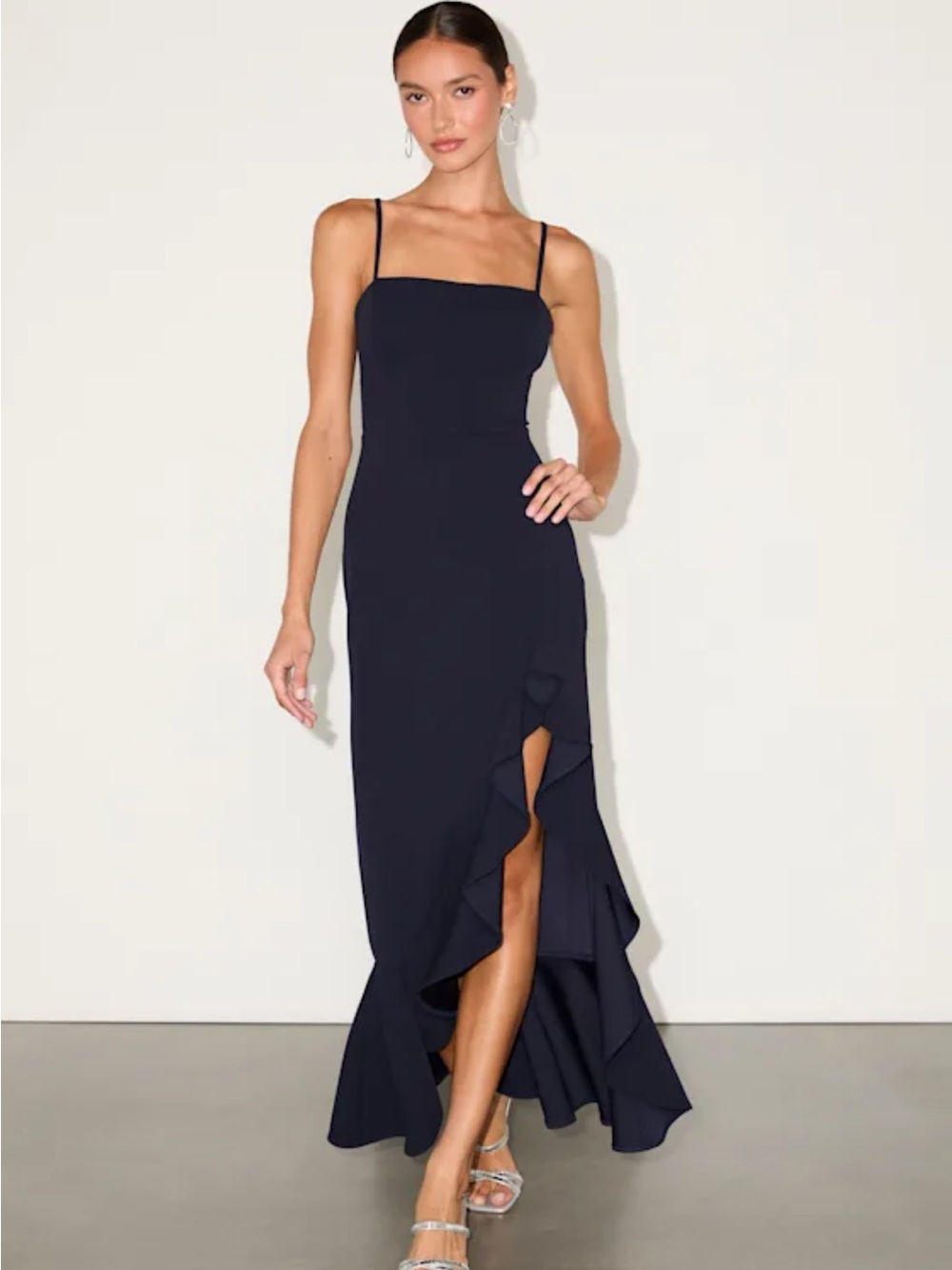 Iveta Navy Cutout Ruffled Sleeveless Midi Dress ( XXS)